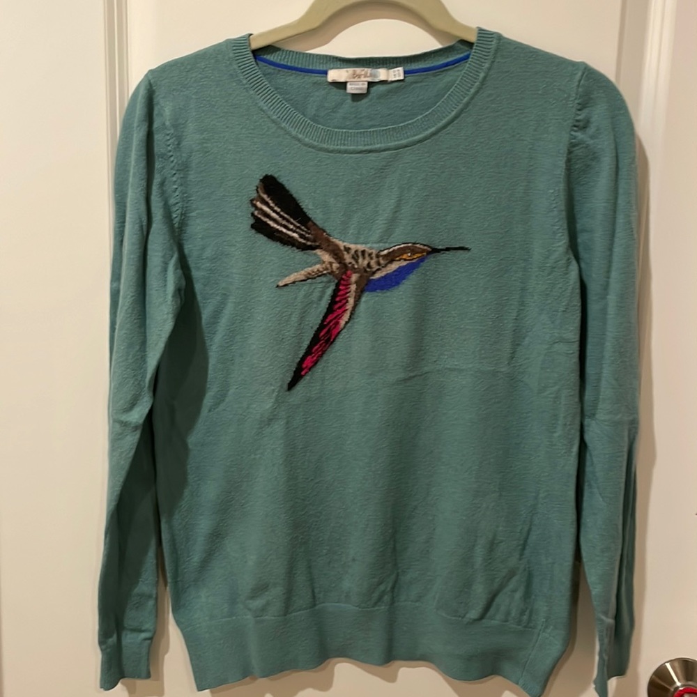 Boden Teal Crewneck Sweater with Colorful Hummingbird